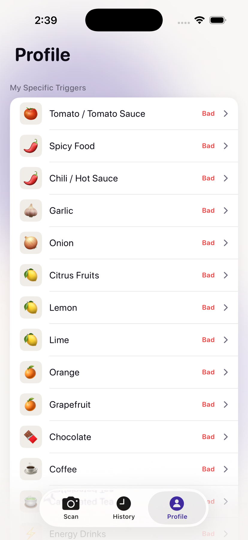Actual GERDMenu Profile screen for personal food triggers